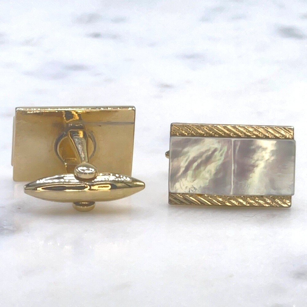 Mens Mother of Pearl Gold Tone Rectangular Bullet Back Cufflinks - Picture 10 of 12